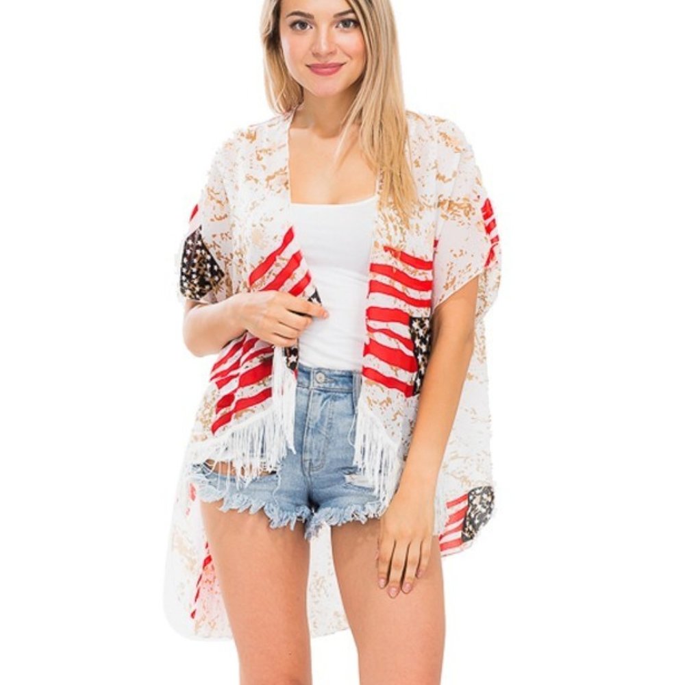 American Flag Cover Up Shawl Kimono Red White Blue